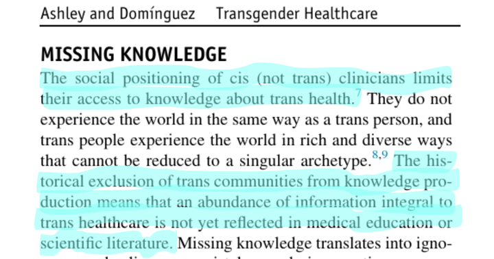 Excerpt from journal publication: "The social positioning of cis clinicians limits their access to knowledge about trans health."