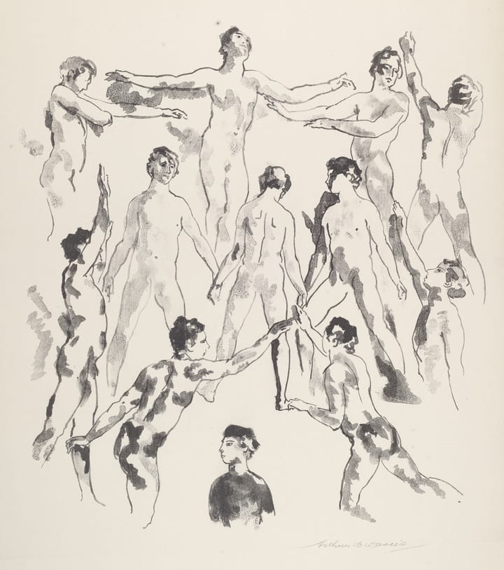 A black and white drawing of 12 male nudes in different postures